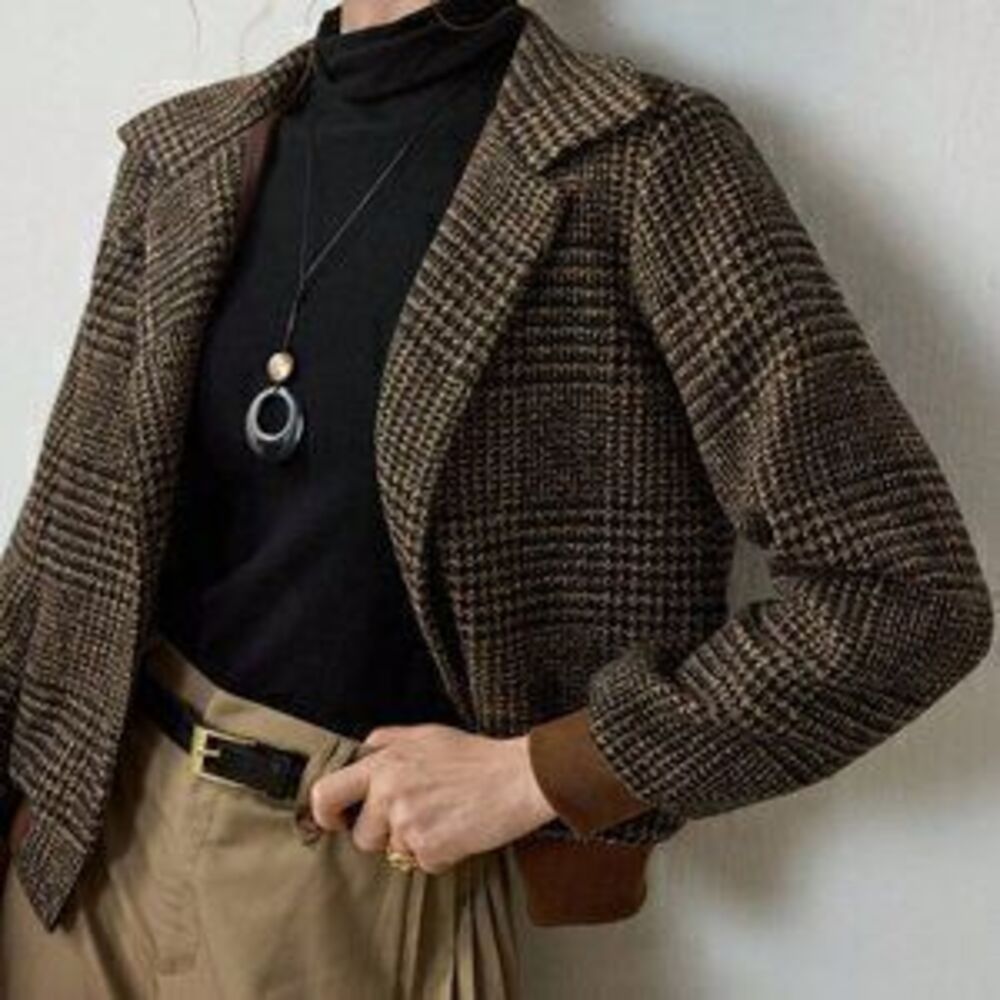 Brown Elegant Women's Plaid Woven Turndown Collar Sleeve Buttoned Jacket - Picture 3 of 3